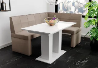 Eckbankgruppe 168x128 cm BLAKE L Stoff Soro Taupe / Esstisch DANTE Weiß HGL