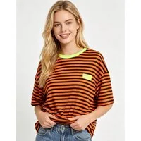 MIRROSI Sweatshirt Damen Kurzarm T Shirt Oversize Neonfarben Streifenmuster Ringelshirt, One Size Passform (ca. Gr. 34–40), Made in Italy