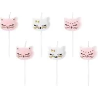 partydeco Geburtstagskerze, Geburtstagskerzen Katzen 2cm weiß / rosa, 6 Stück