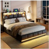 Furnishings Home Polsterbett Stauraumbett Doppelbett LED (Steckdosen + USB, Hydraulisch hebbarer Stauraum), Mit LED-Beleuchtung, Bettkasten, Ladestation, Kunstleder, 140x200 cm
