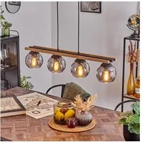 hofstein Pendelleuchte Hängelampe aus Metall/Holz/Glas in Schwarz/Natur/Rauchfarben, ohne Leuchtmittel, Hängeleuchte m. Glasschirmen (15cm), Höhe max. 120cm, 4x E27