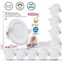 B.K.Licht LED Einbaustrahler Bad Einbauleuchten 9er Set Ultra-flach Ø115x30mm 230V Weiß - BKL1274, LED fest integriert, Warmweiß, 9 Badezimmer-Einbausprots Decke IP44 230V 6W 450 Lumen 3000K Warmweiß
