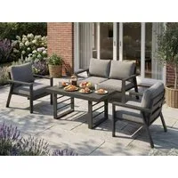 MeXo Gartenlounge-Set Gartenmöbel Set Aluminium 4 Personen Bequeme Lehne, (Garten Essgruppe, 76 cm Extra breite Sitze mit Ergonomische Rückenlehnen, 4-tlg., Esstisch 130x66x66cm), Wetterfest Balkonmöbel set, Dining Lounge, Tischplatte aus WPC