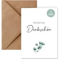 Things of Happiness Grußkarte Set Dankeskarten Eucalyptus, Karte Herzliches Dankeschön, Postkarte Danke (3 Stück)
