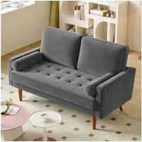 OUNUO Sofa 121cm Kleines Loveseat Sofa Couch aus Samt und Leinen mit 2 Zierkissen