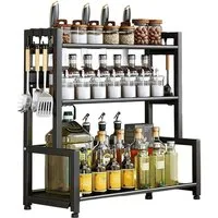 HEYHIPPO Küchenregal Gewürzregal 3-stöckig, Küchenablage aus Kohlenstoffstahl, 50×21×49cm, Küchenorganizer mit Messerhalter und 4 abnehmbaren Haken, Schwarz
