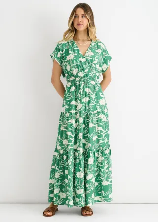 Grünes Maxikleid mit Blumenmuster und elastischem Bund