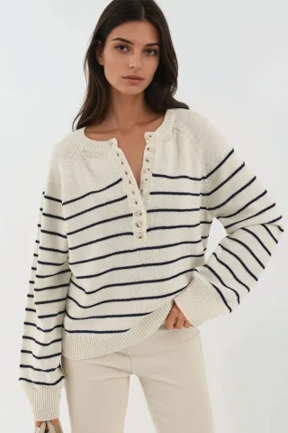 Knopf Detail Streifen Lockere Passform Pullover
