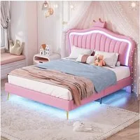 Flieks Polsterbett, LED Beleuchtung Krone Kunstleder Doppelbett 140x200cm rosa
