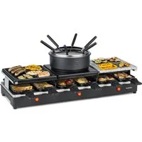 Klarstein Raclette und Fondue-Set Fonduelette XL 3-in-1 Raclette Fondue Naturstein 1650W 12 Personen, Tischgrill Heißer Stein Käseschmelzer mit Pfännchen für Party