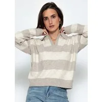 SASSYCLASSY Strickpullover Gestreifter Pullover mit Polokragen für Damen Moderner Strickpullover mit V-Ausschnitt und Wollanteil Beige Pink