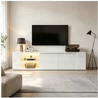 KLAM HOME Lowboard Weißer TV-Schrank 180cm mit LED & Glas, passend für 80-Zoll-Fernseher (Modernes Lowboard mit Hochglanz-Oberfläche und praktischem Stauraum), Stilvoller TV-Ständer mit LED-Beleuchtung für Ihr Wohnzimmer