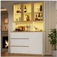 Merax Glasvitrine mit LED-Beleuchtung, 3 Schubladen, 4 Türen, (1-St., Arbeitsplatte mit Kabelmanagement) Bücherregal, Küchenschrank, Weiß+Eiche
