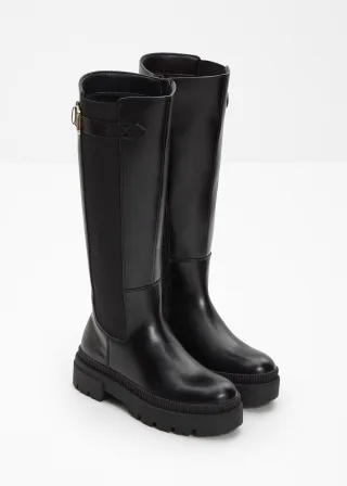 bonprix Gefütterter Plateau-Stiefel mit Stretch-Einsatz, schwarz, Gr.41, Schöner Stiefel mit Elastik-Einsatz und dekorativer Schnalle