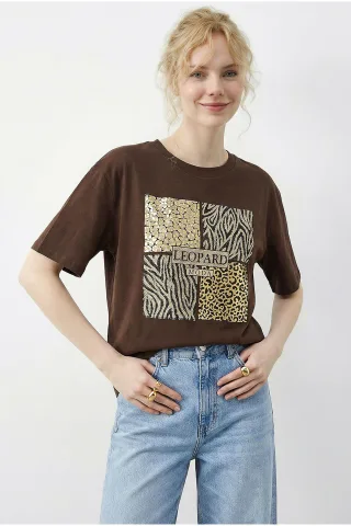 Leopardenmuster Paillettenshirt mit Rundhalsausschnitt