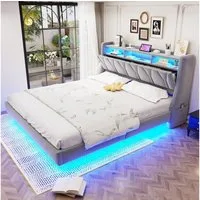 Flieks Polsterbett, Doppelbett 180x200cm mit Stauraum-Kopfteil, Aufladen, LED-Beleuchtung