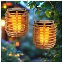 Spetebo LED Windlicht Mini Solar Leuchte in Rattan Optik - 11 x 10 cm - 2er Set, Solar betrieben, LED fest integriert, orange (feuerfarben), zum Hängen oder Stellen