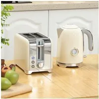HOMCOM Toaster 1,7 L Wasserkocher mit Otter-Thermostat, Kalkfilter, 2 Schlitze, für 2 Scheiben, 2200 W, mit 7 Bräunungsstufen, Krümelfach, Cremeweiß