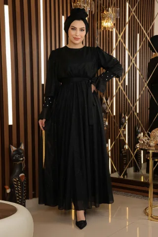 Stein Detailed Glitzernd Chiffon Abendkleid Schwarz