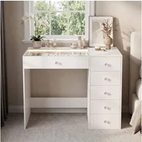 FENCHILIN Schminktisch mit Beleuchtung 6 Schubladen weiß 92x55x81cm (1-St), Kosmetiktisch mit Glasabdeckung und Kristallgriffen für Schlafzimmer