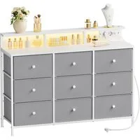 SONGMICS Kommode Aufbewahrungsschrank mit 9 Schubladen und LED-Beleuchtung, Steckdosenleiste, Stahlrahmen, 33,5 x 114 x 84 cm