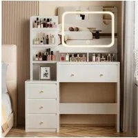 Lexzurn Schminktisch Schminktisch mit LED-Beleuchtung, Kosmetiktisch mit Spiegel, 4 Schubladen+6 offene Fächer, Helligkeit verstellbar, 92.6x132x36 cm