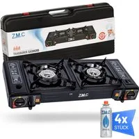 ZMC Gaskocher Doppel Kartuschenkocher Gaskocher 2 Flammig + 4x Gaskartuschen 227g, (mit automatische Piezo-Zündung Wärmeleistung: 2,3KW), Outdoor Gas Campingkocher 2Fach Gasherd Ofen Butan Kochfeld Gas Kocher