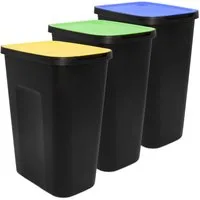Spetebo Mülleimer Abfalleimer schwarz mit farbigem Klappdeckel 3er Set, extra große Öffnung mit Klappdeckel