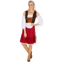 dressforfun Kostüm Dienerin/Dienstmagd, in rot/weiß, Gr. S, Inkl. schöner Kopfbedeckung, Langes Kleid im Mittelalter-Stil, Unterteil mit angenähter Schürze