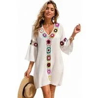 MOPUEA Strandkleid Gerüschtes Strandkleid Damen V-Ausschnitt Häkeloptik Cover-Up (atmungsaktives Badebekleidungs Coverup mit Volantsaum, 1-tlg., Strandkleid Damen Bikini Cover Up Kleid) Damen Boho-Strandkleid, gehäkelt, V-Ausschnitt, seitlicher Schli
