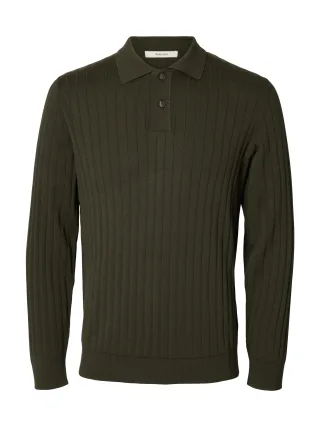 selected men - SLMTORINO LS KNIT RIB POLO NOOS Forest Night - Gr. - XL