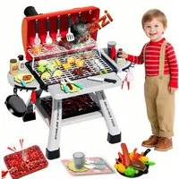 CLTYQ Kinder-Küchenset Kinder-BBQ-Grill-Spielzeugset mit Rauch-, Ton- und Lichtsimulation, Camping-Kochen, interaktives Spielzeug, Kinder-Grill Chef(63 Artikel)