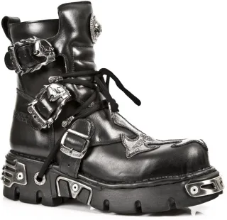 New Rock Silver Cross Biker-Stiefel aus schwarzem Leder-407-S1