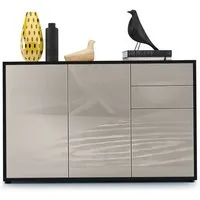 Vladon Kommode Ben V3 (Kommode, mit 3 Türen und 2 Schubladen), Schwarz matt/Sandgrau Hochglanz (117 x 74 x 36 cm)