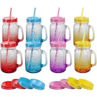 Wellgro Glas Trinkgläser Farbverlauf - 500ml + Ersatzdeckeln, 8-tlg.