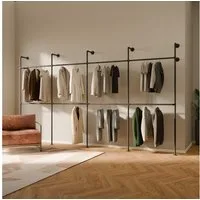 pamo. design Kleiderständer KIM DOUBLE Industrial Kleiderstange zur Wandmontage, Offener Kleiderschrank / Garderobe aus schwarzen Wasserrohren