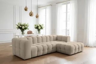 Ecksofa Designersofa SOLVIE in Stoff Moly Beige Ottomane Rechts