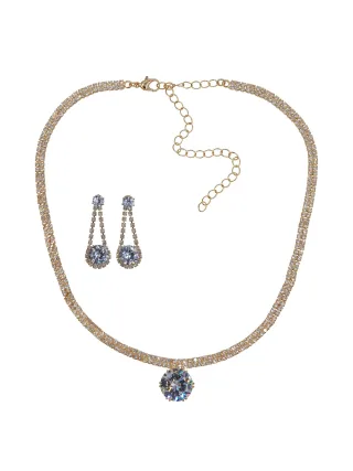 Steuer Modeschmuck Set Kette Ohrringe Metall 51cm vergoldet glanz Glasstein weiß