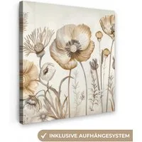 OneMillionCanvasses® Leinwandbild Blumen - Beige - Natur - Illustration, Fotodruck (1 St), Wandbild, Deko Schlafzimmer Wohnzimmer Flur 20x20 cm