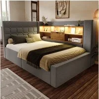 OKWISH Polsterbett Polsterbett 90x200 cm mit Stauraum, LED-Beleuchtung, inkl. Matratze. (Struraumbett, Funktionsbett, 2-tlg., L-förmigem Kopfteil mit Stauraum, beidseitig montierbar), Hydraulisches Bett mit LED-Beleuchtung & USB/Type-C Ladestation