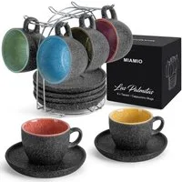 MiaMio Cappuccinotasse Las Palmitas mit Untertassen & Ständer, 13-tlg., Keramik, 190 ml, mit Untertassen und Metallständer