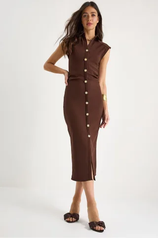 Schlankes Midi-Kleid mit Tippet-Kragen und Knopfverschluss
