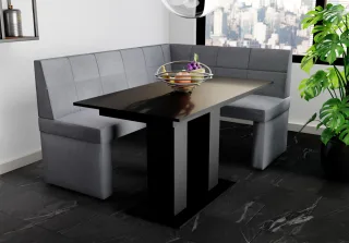 Eckbankgruppe 196x142 cm BLAKE XL L Stoff Soro Grau / Esstisch DANTE Schwarz