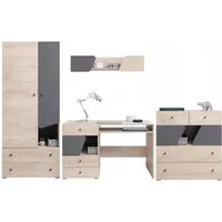 Deine Möbel 24 Jugendzimmer-Set DARLA I Kinderzimmer-Set Komplett PREMIUM, (3 + 12 + 9 +10, 4-tlg., Natur Eiche Grau), Kleiderschrank 2-türig Kommode Sideboard Schreibtisch Hängeregal