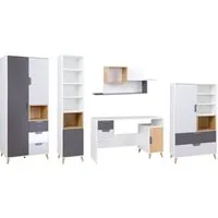 Deine Möbel 24 Jugendzimmer-Set JUSTIN A Kinderzimmer-Set in Weiß / Graphit / Grau / Eiche, (Kindermöbel Set, Jugendmöbel Set, 5-tlg., Erweiterbar mit weiteren Elementen der Möbelserie JUSTIN), Inklusive: Kleiderschrank, Regal, Schreibtisch, Kommode 
