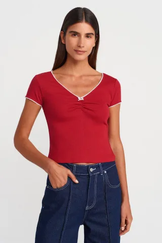 Damen Baumwoll-Crop-Bluse mit Rüschensaum