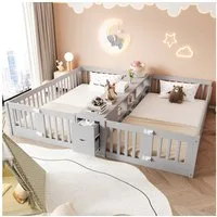 Flieks Kinderbett, Bodenbett Holzbett 90x200cm*2 mit Schubladen und Doppelstöckigem Regal