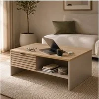 Lomadox Couchtisch ISCHIA-36, in Beige mit Eiche, 110 cm breit, Lamellenoptik