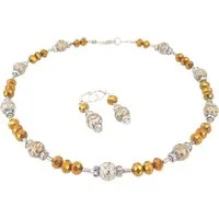 traumschmuck Ohrring und Ketten Set 156f 2er Schmuckset Kette Ohrringe Perlen Glas weiß goldfarben Strass (Geschenk, Muttertag, Weihnachten, Geburtstag, Valentinstag, incl. Schmuckbox), handgefertigt, Made in Germany