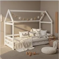 Homestyle4u Hausbett 80x160 cm Hausbett Bodenbett Holzbett Weiß Kleinkind Rausfallschutz (Set, mit Lattenrost), Kiefer